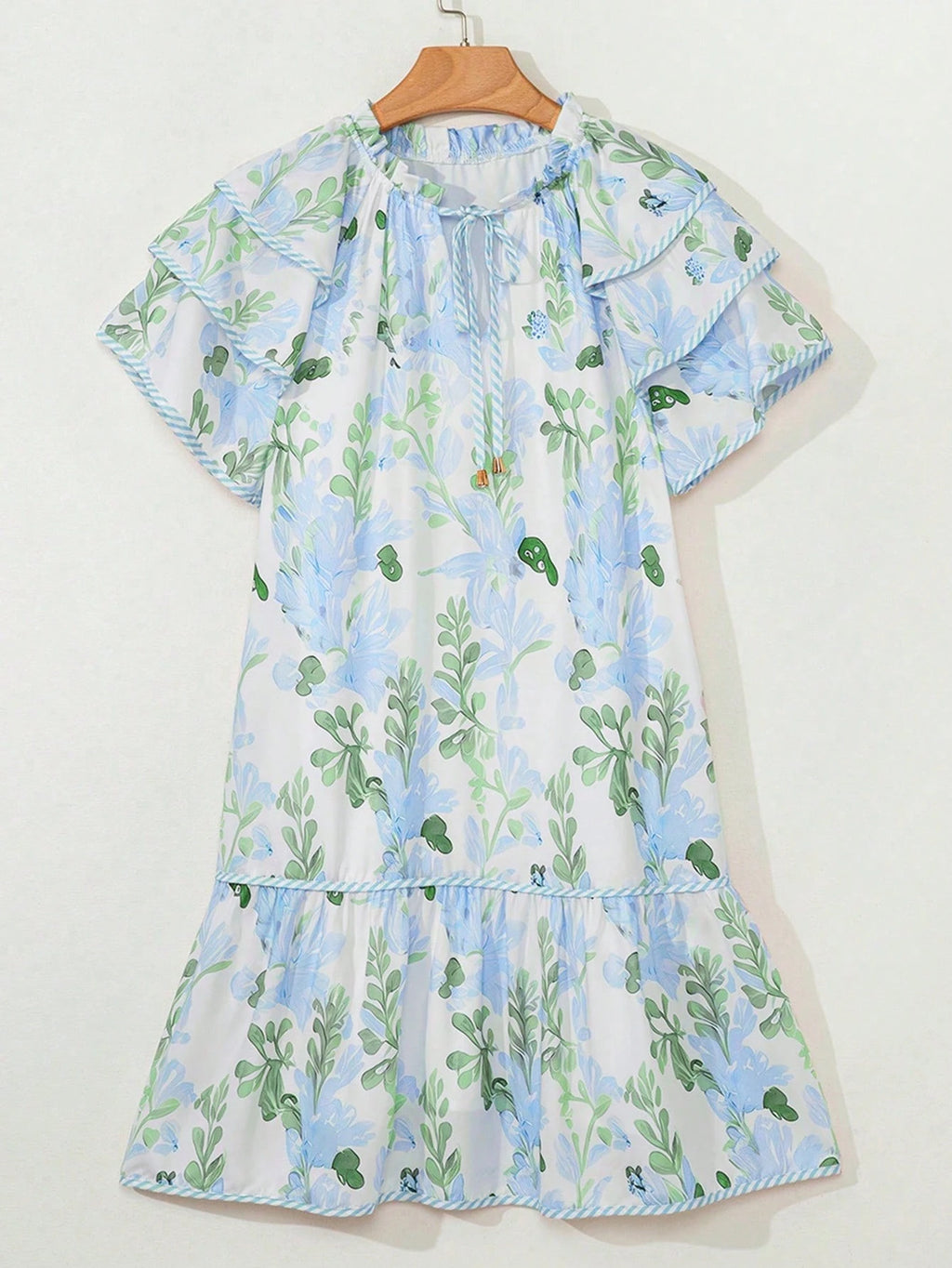 Acelitt Summer Light Blue Floral Contrast Edge Layered Short Sleeve