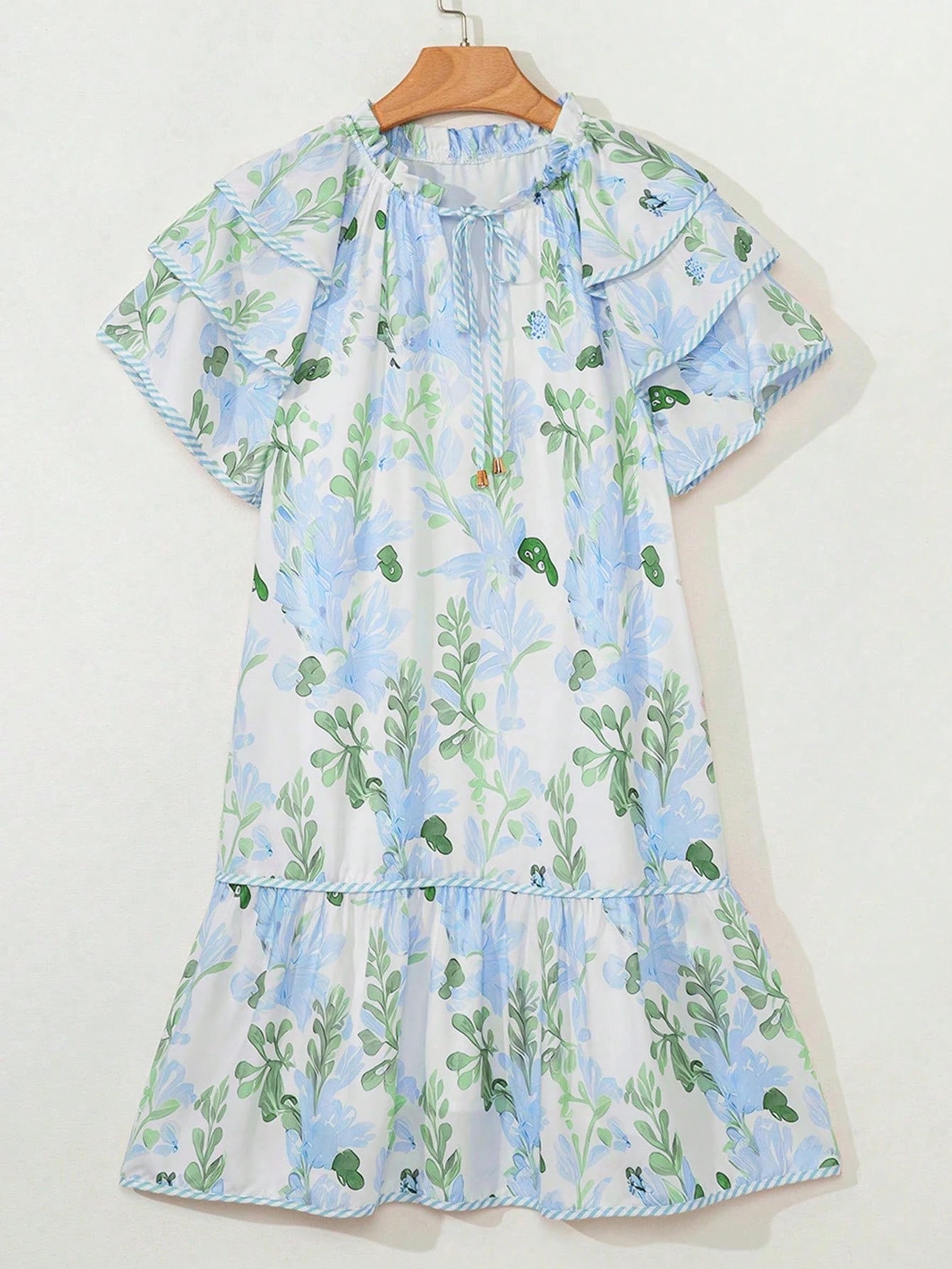 Acelitt Summer Light Blue Floral Contrast Edge Layered Short Sleeve