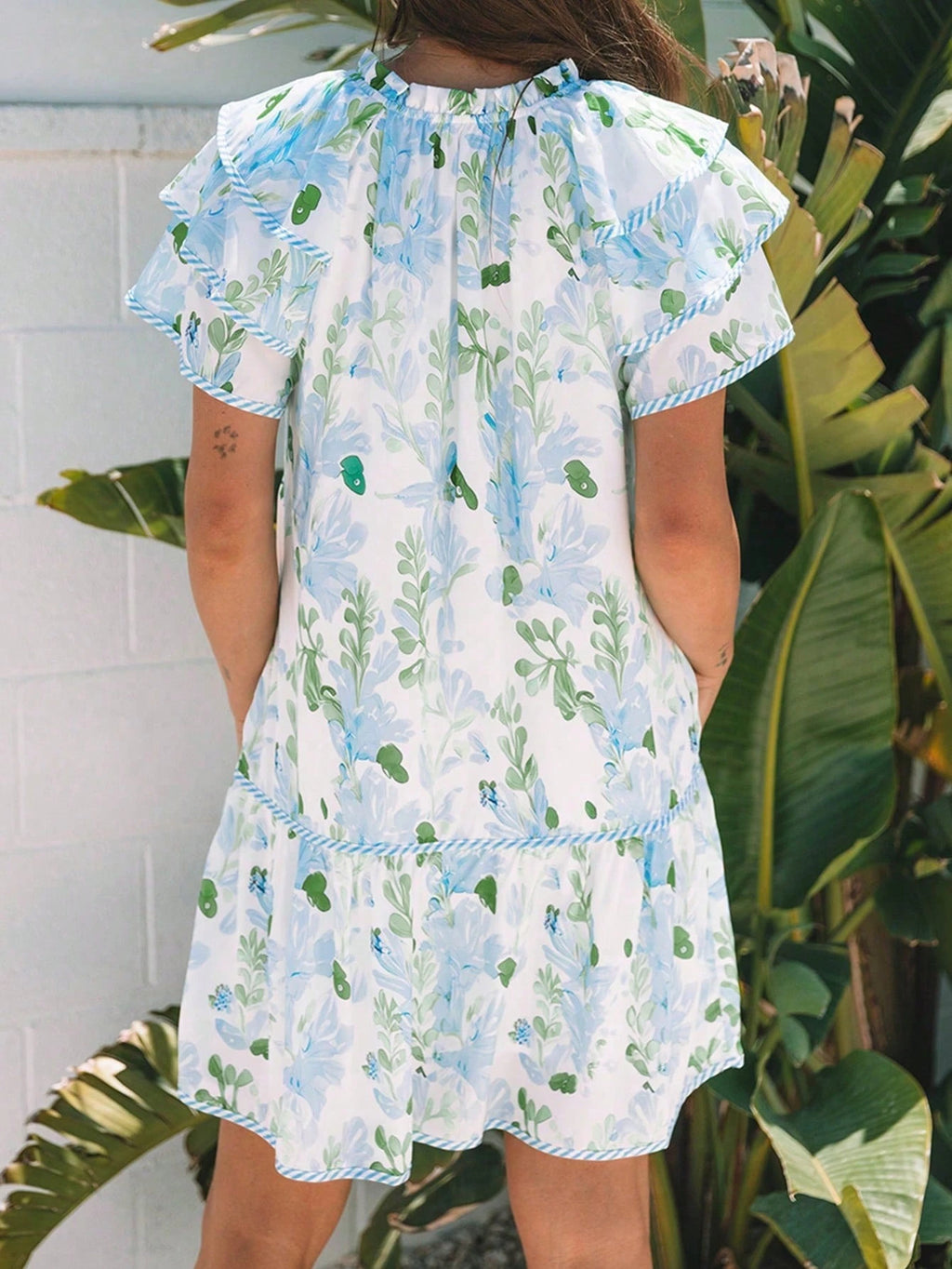 Acelitt Summer Light Blue Floral Contrast Edge Layered Short Sleeve