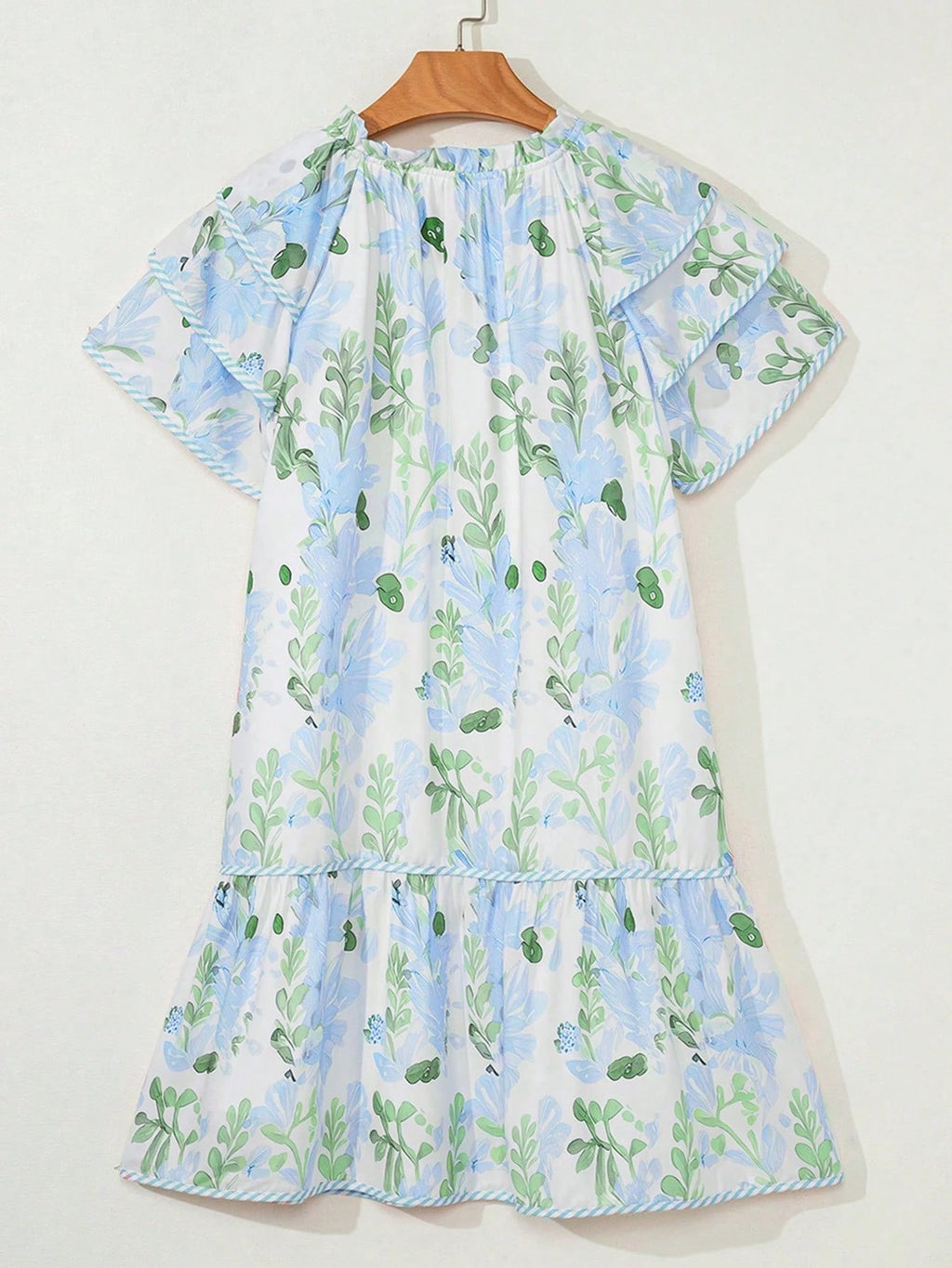 Acelitt Summer Light Blue Floral Contrast Edge Layered Short Sleeve