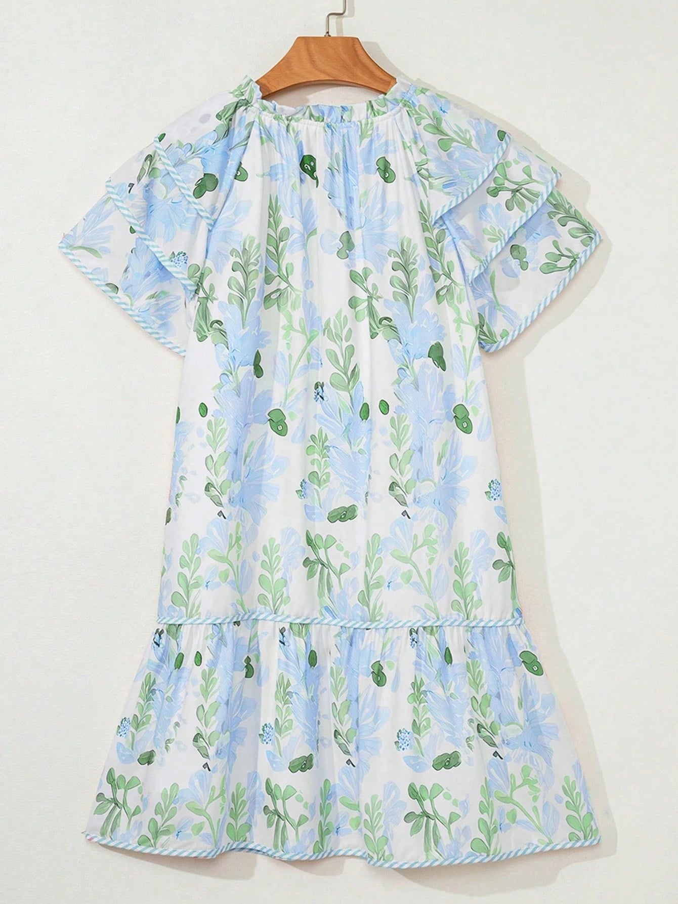 Acelitt Summer Light Blue Floral Contrast Edge Layered Short Sleeve