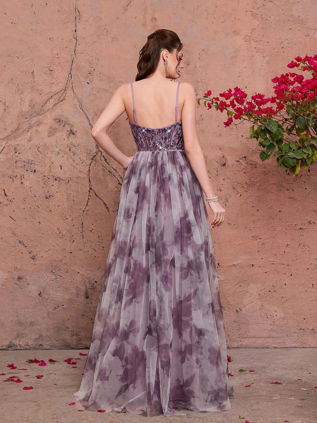 Purple Floral Print Sequin Spaghetti Strap A-Line Tulle Maxi Dress, Elegant Summer Evening Gown, Suitable For - image 3