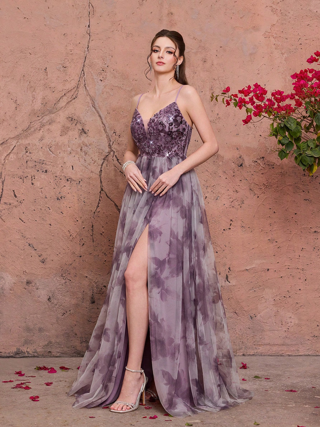 Purple Floral Print Sequin Spaghetti Strap A-Line Tulle Maxi Dress, Elegant Summer Evening Gown, Suitable For - image 5