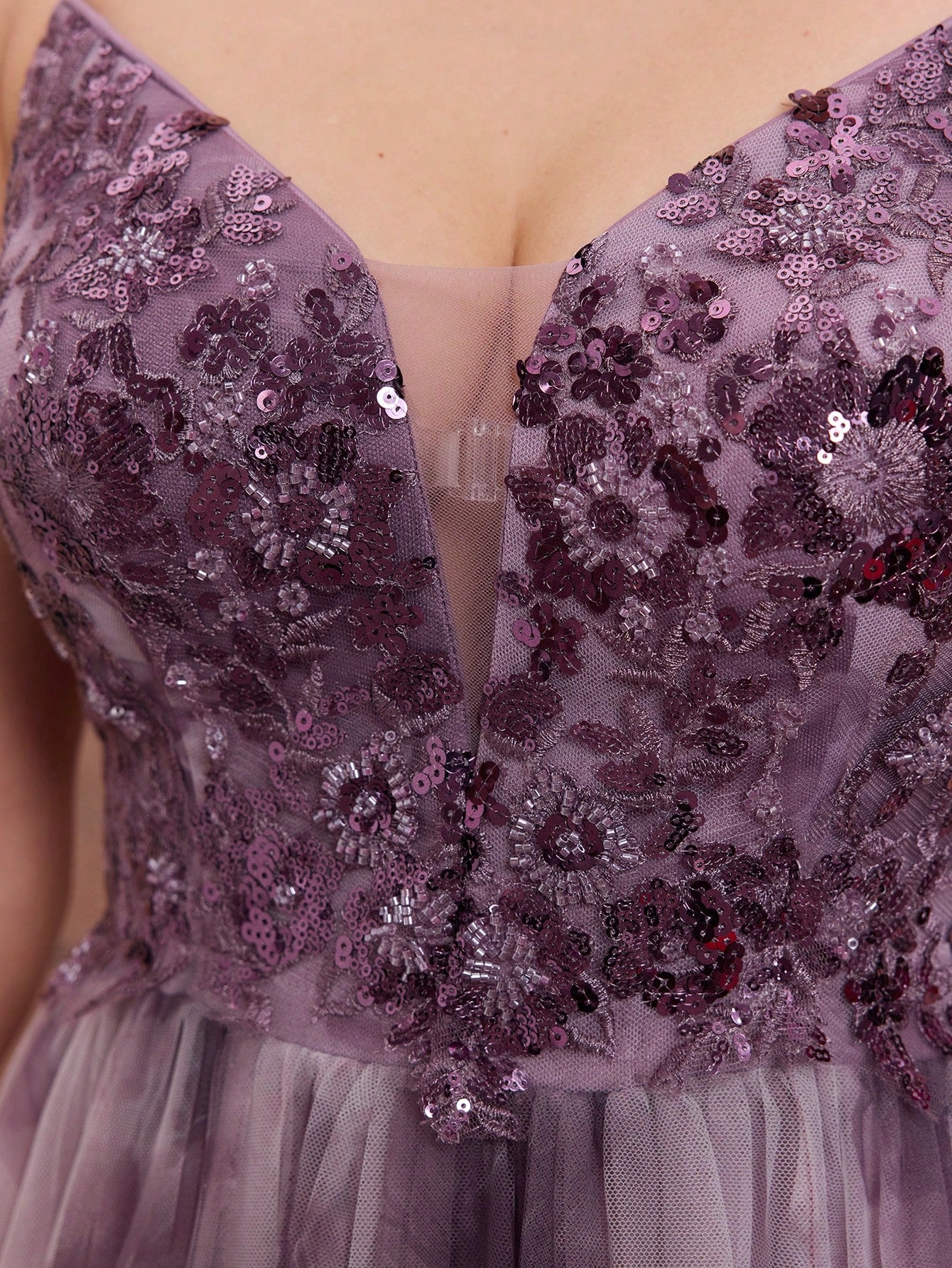 Purple Floral Print Sequin Spaghetti Strap A-Line Tulle Maxi Dress, Elegant Summer Evening Gown, Suitable For - image 9