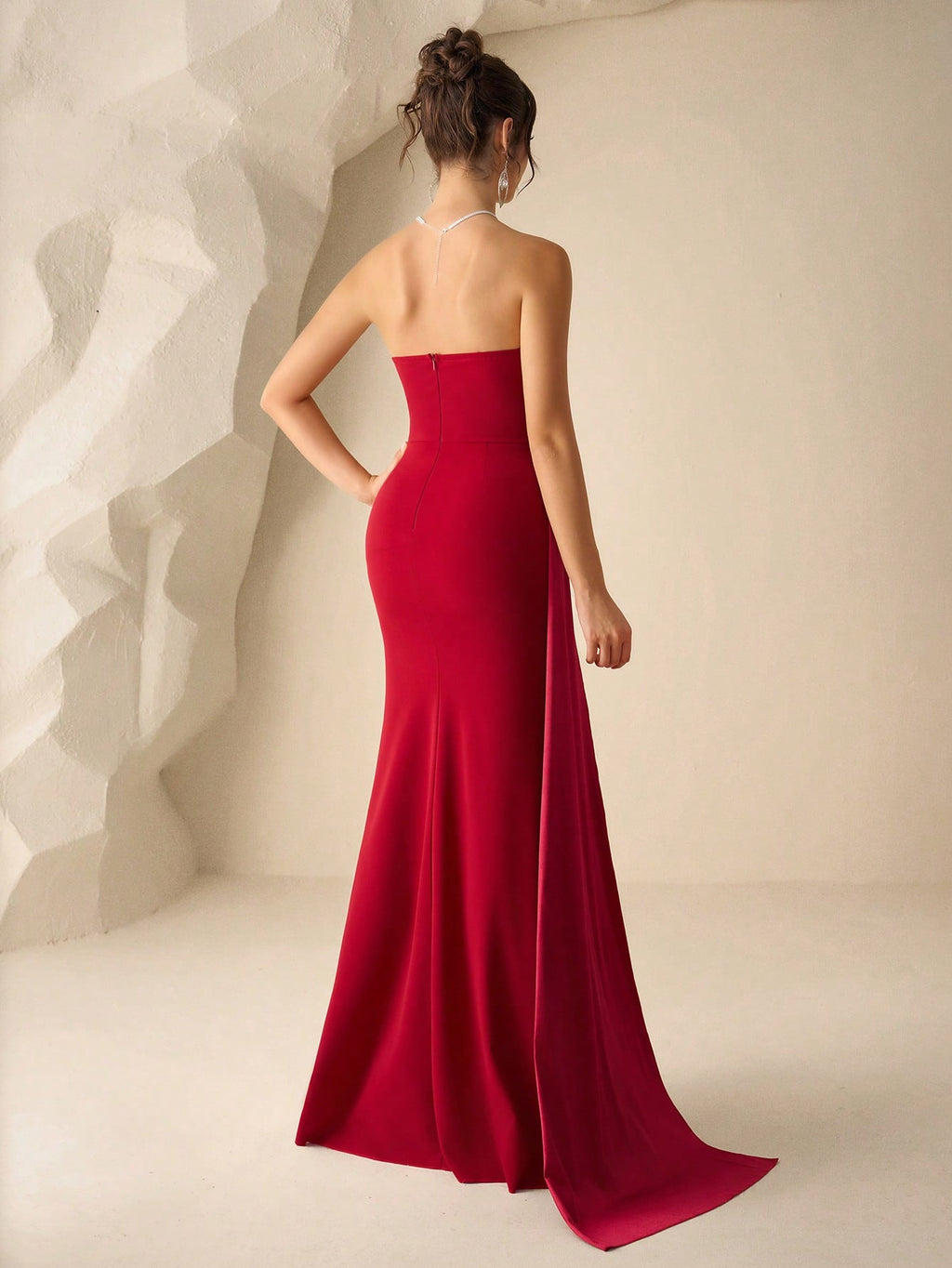 Coutiva Women's Burgundy Summer Elegant Formal Wedding Dress,Ruched Fishtail Hem Strapless Bridesmaid - image 10