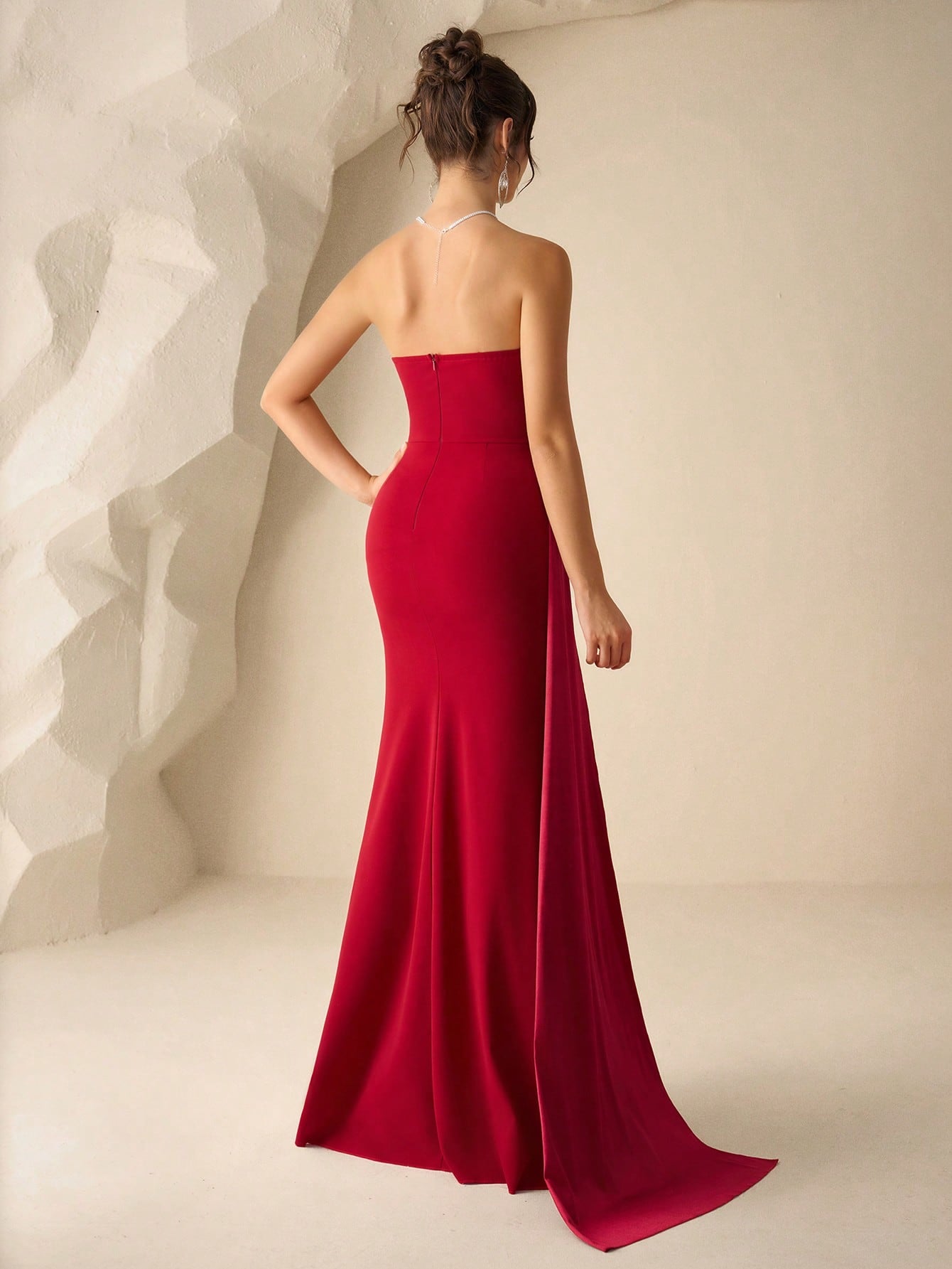 Coutiva Women's Burgundy Summer Elegant Formal Wedding Dress,Ruched Fishtail Hem Strapless Bridesmaid - image 10