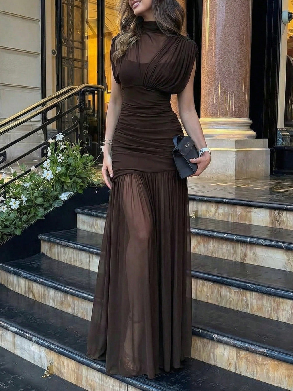 Yepolly-Pop Women Late Summer Fall Elegant Long Sleeve Maxi Dress, Mock Neck Ruched Sheer Bodycon Gown, - image 2