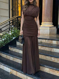 Yepolly-Pop Women Late Summer Fall Elegant Long Sleeve Maxi Dress, Mock Neck Ruched Sheer Bodycon Gown,