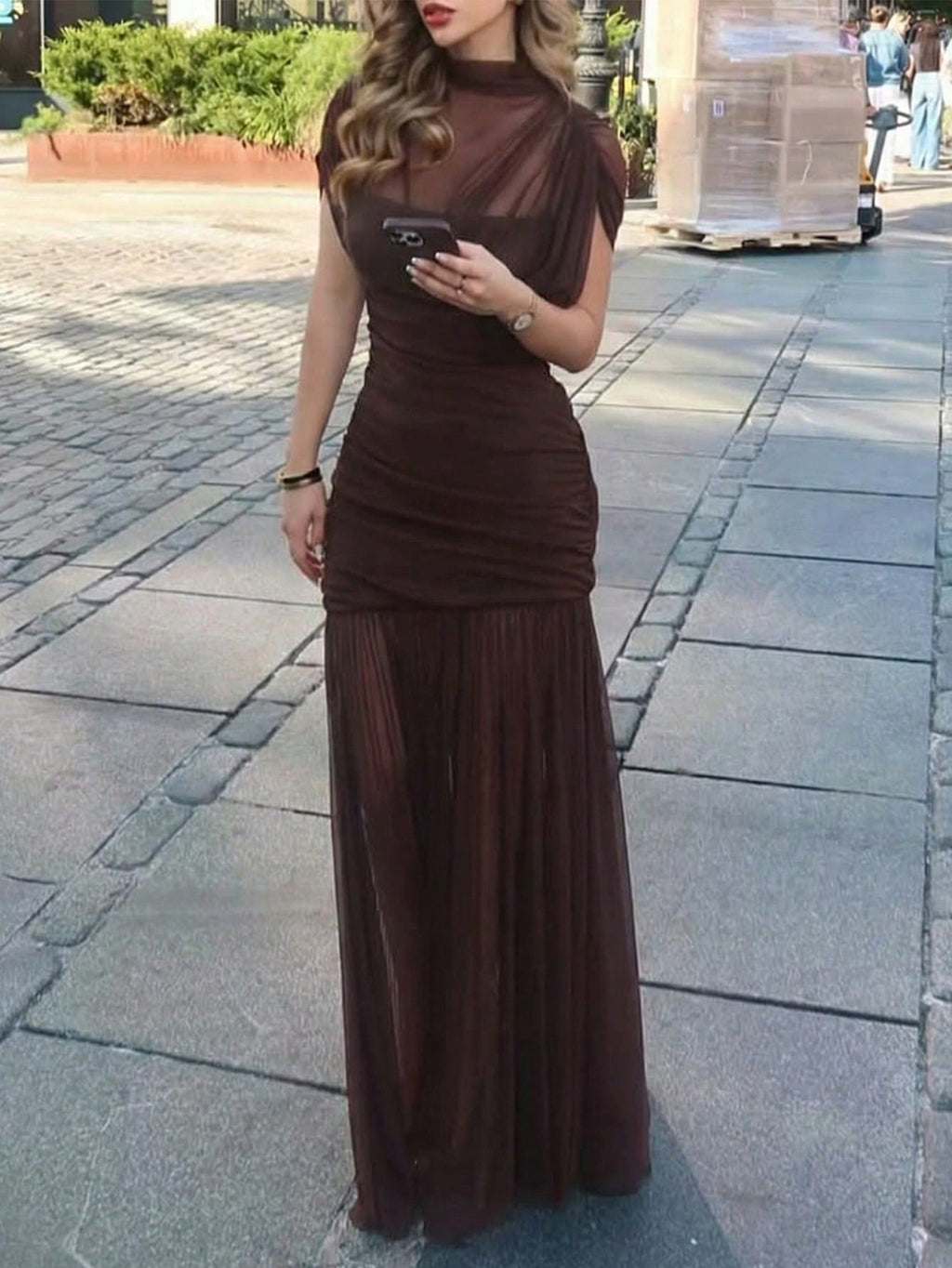 Yepolly-Pop Women Late Summer Fall Elegant Long Sleeve Maxi Dress, Mock Neck Ruched Sheer Bodycon Gown, - image 3