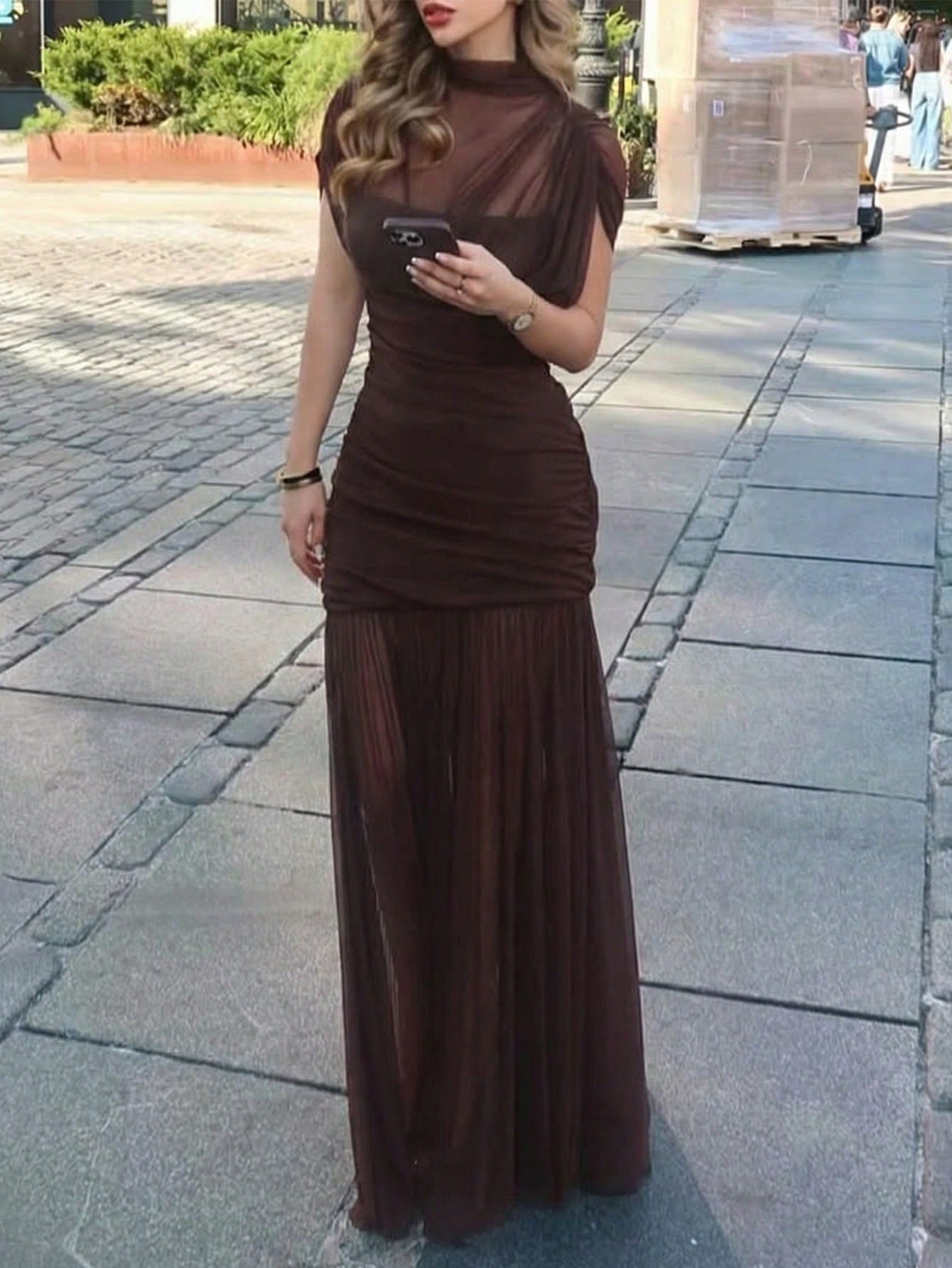 Yepolly-Pop Women Late Summer Fall Elegant Long Sleeve Maxi Dress, Mock Neck Ruched Sheer Bodycon Gown, - image 3