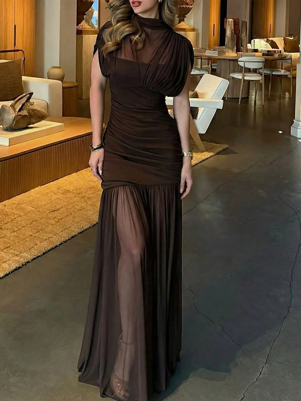 Yepolly-Pop Women Late Summer Fall Elegant Long Sleeve Maxi Dress, Mock Neck Ruched Sheer Bodycon Gown, - image 5
