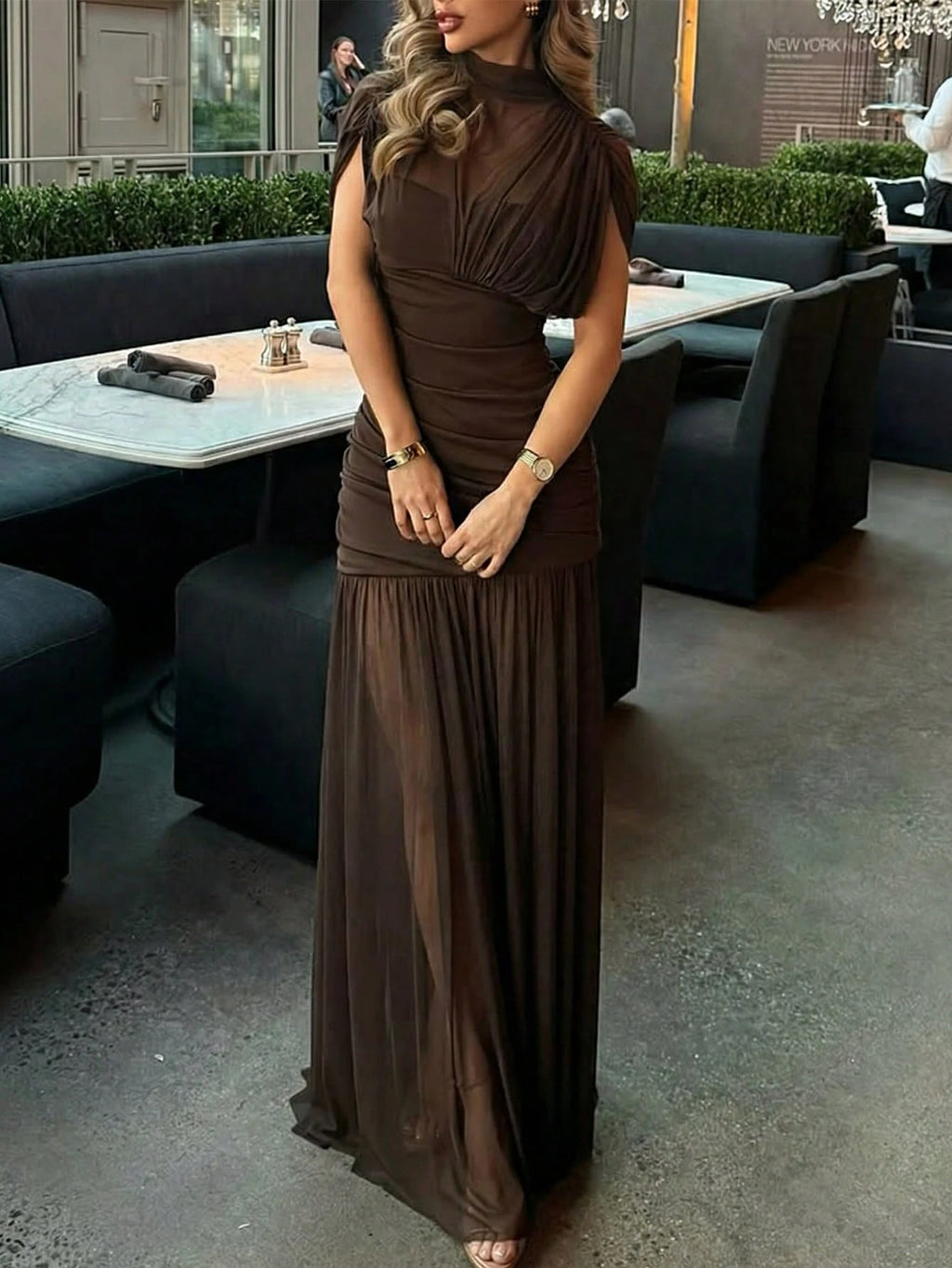 Yepolly-Pop Women Late Summer Fall Elegant Long Sleeve Maxi Dress, Mock Neck Ruched Sheer Bodycon Gown, - image 7