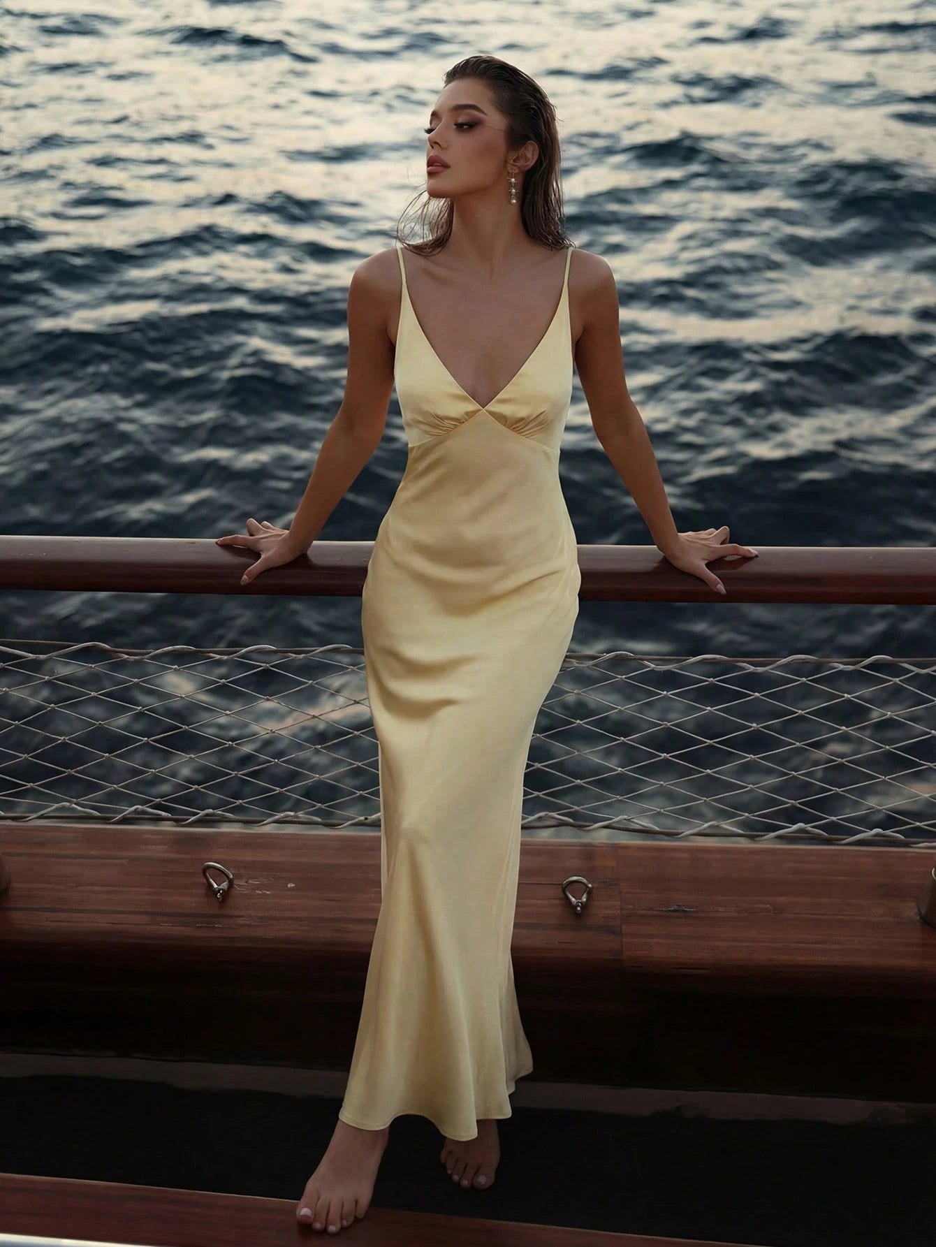 2026 New Luxury Silk Satin Long Dress, Spaghetti Strap Deep V Backless Mermaid Hem Fitted Formal Gown, - image 9