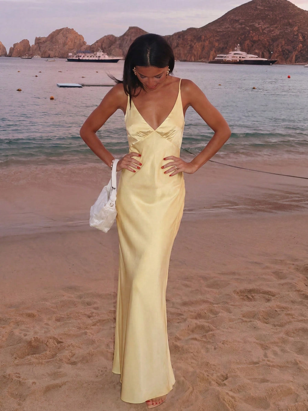 2026 New Luxury Silk Satin Long Dress, Spaghetti Strap Deep V Backless Mermaid Hem Fitted Formal Gown, - image 7