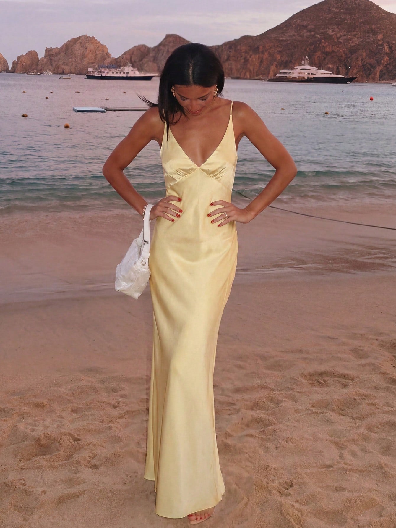 2026 New Luxury Silk Satin Long Dress, Spaghetti Strap Deep V Backless Mermaid Hem Fitted Formal Gown, - image 7
