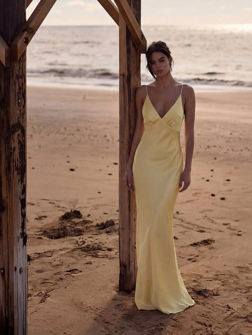 2026 New Luxury Silk Satin Long Dress, Spaghetti Strap Deep V Backless Mermaid Hem Fitted Formal Gown,
