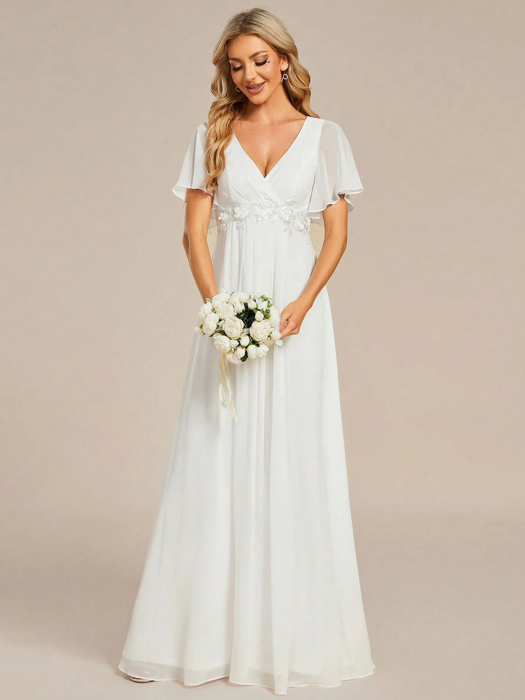 EVERPRETTY Elegant Chiffon V-Neck Short Sleeve Applique Party Dress, Bridal Wedding Gown, White Formal Dress, - image 8