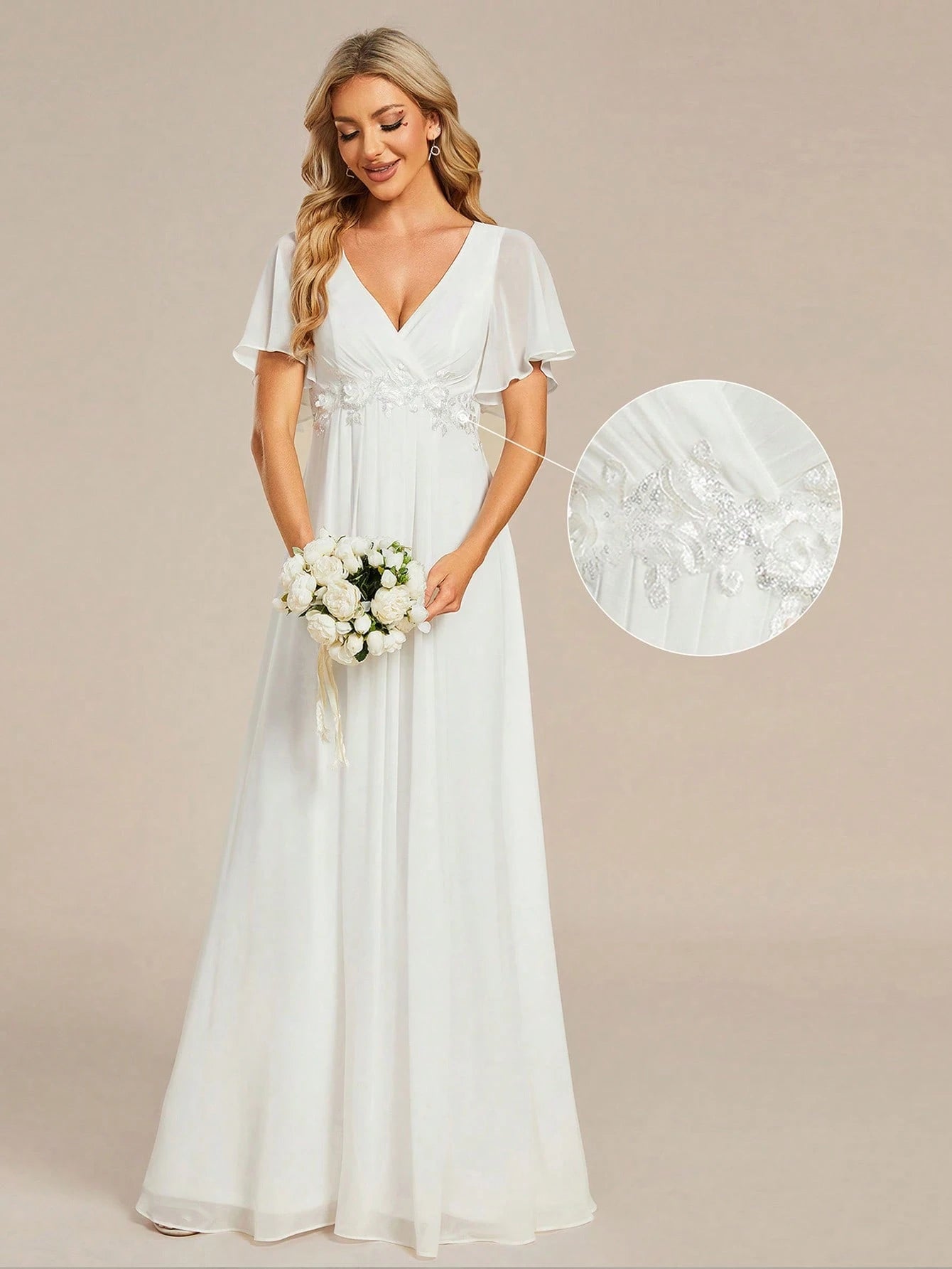 EVERPRETTY Elegant Chiffon V-Neck Short Sleeve Applique Party Dress, Bridal Wedding Gown, White Formal Dress, - image 10
