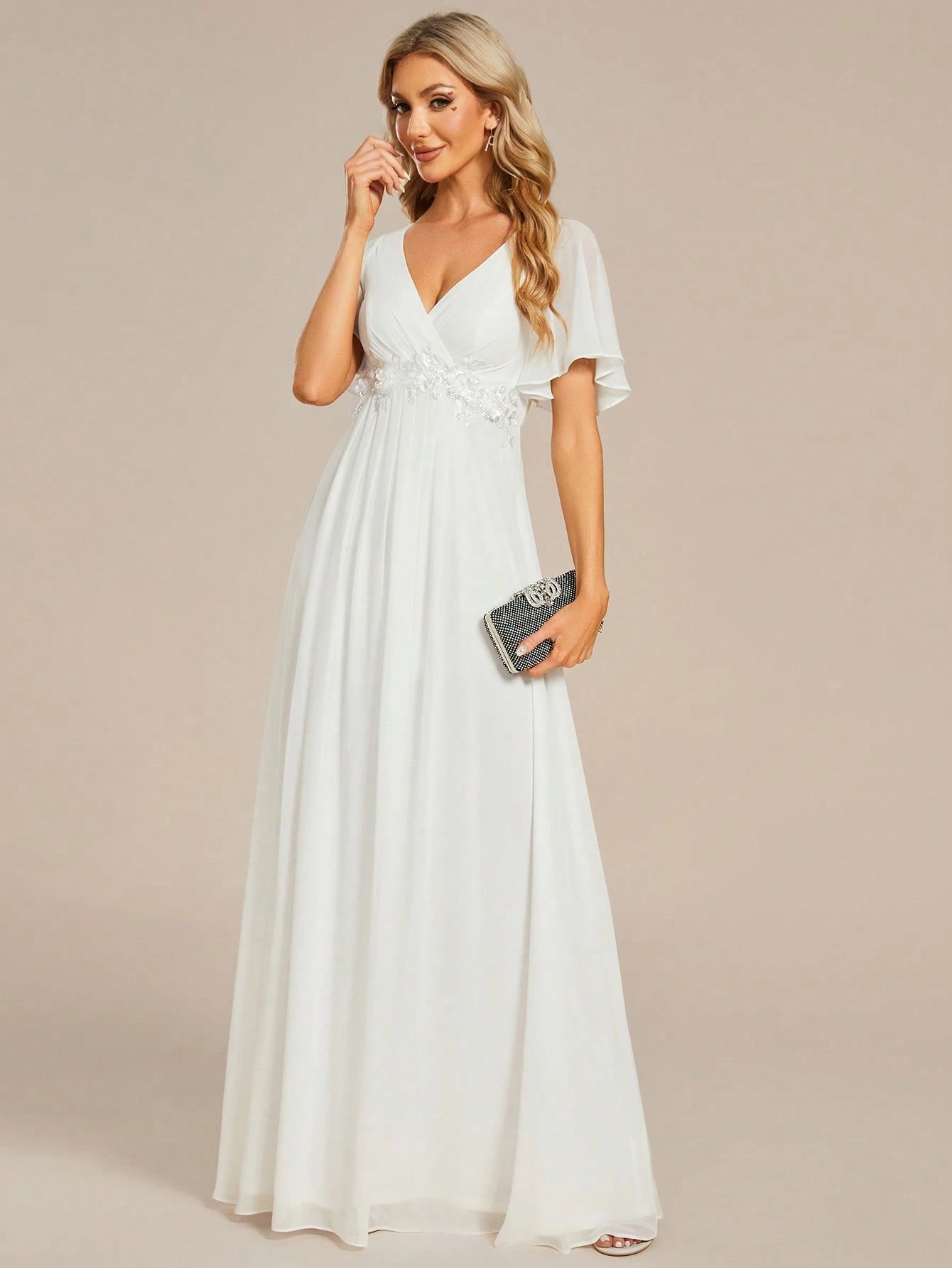 EVERPRETTY Elegant Chiffon V-Neck Short Sleeve Applique Party Dress, Bridal Wedding Gown, White Formal Dress, - image 9