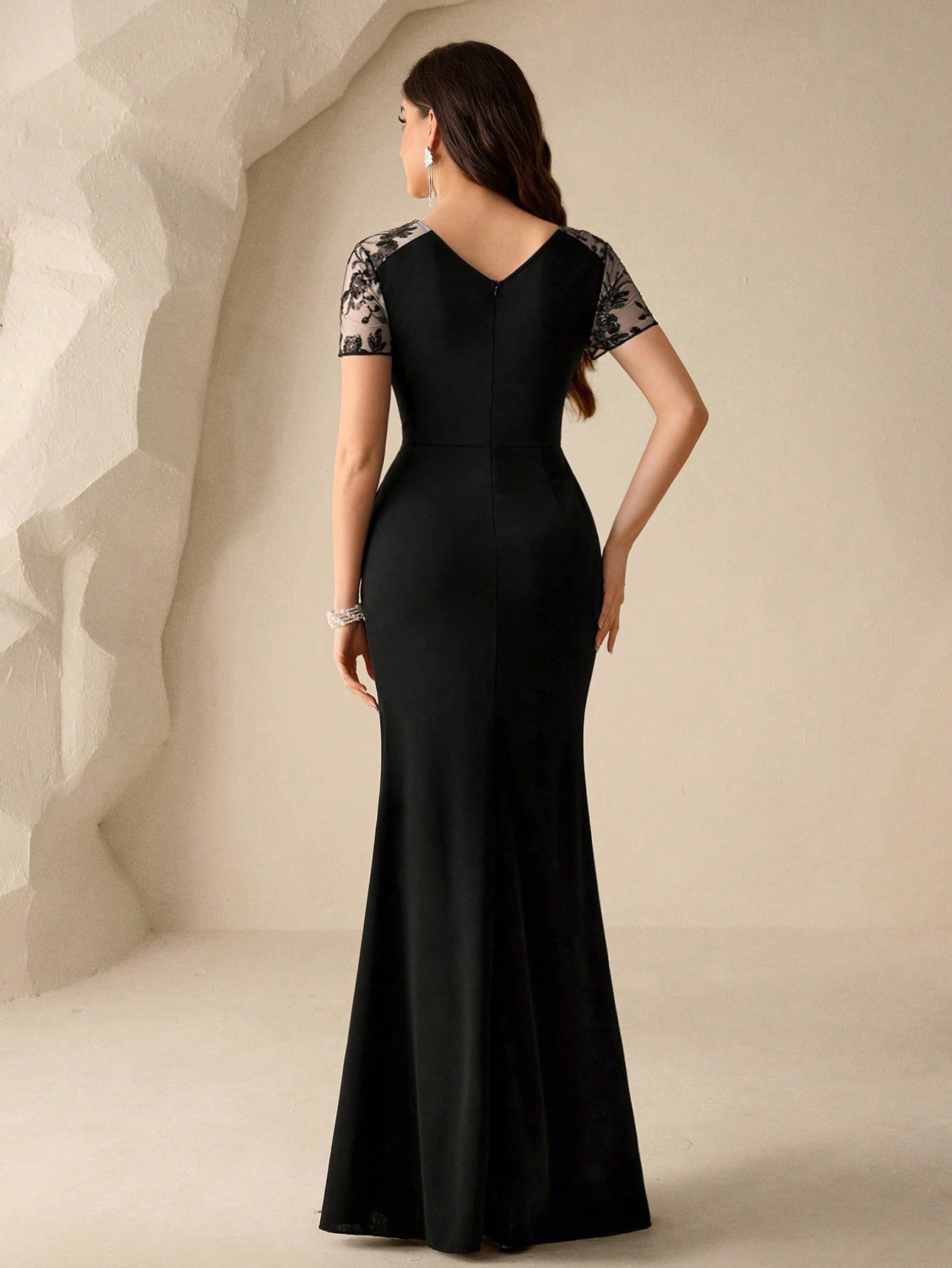 Coutiva Elegant Formal Black Spring Party Dress,V-Neck Lace Short Sleeve Mesh Inset Evening Gown,High Slit - image 2