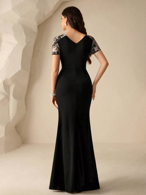 Coutiva Elegant Formal Black Spring Party Dress,V-Neck Lace Short Sleeve Mesh Inset Evening Gown,High Slit - image 2