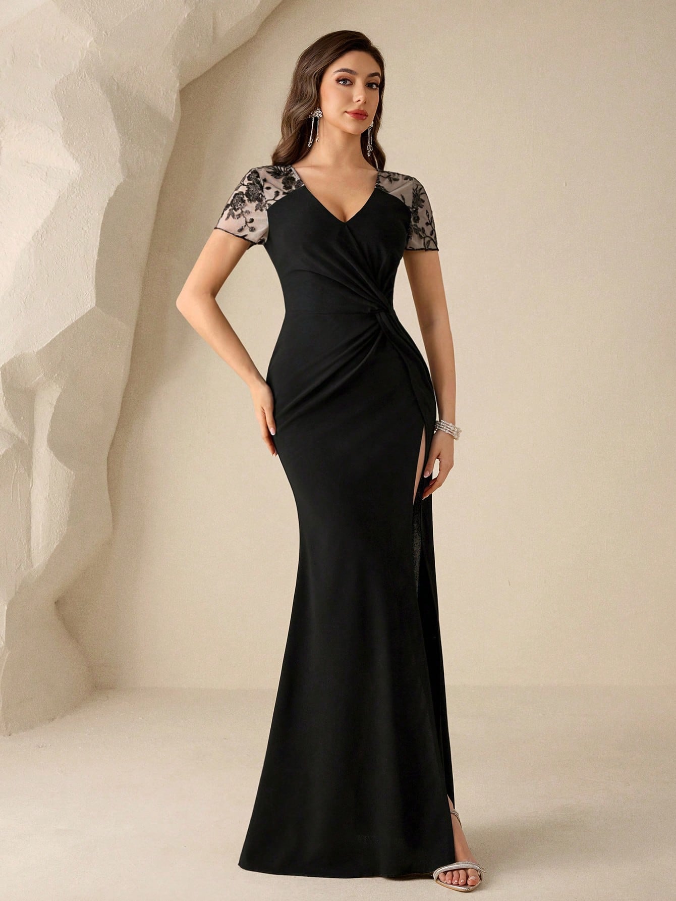 Coutiva Elegant Formal Black Spring Party Dress,V-Neck Lace Short Sleeve Mesh Inset Evening Gown,High Slit - image 5
