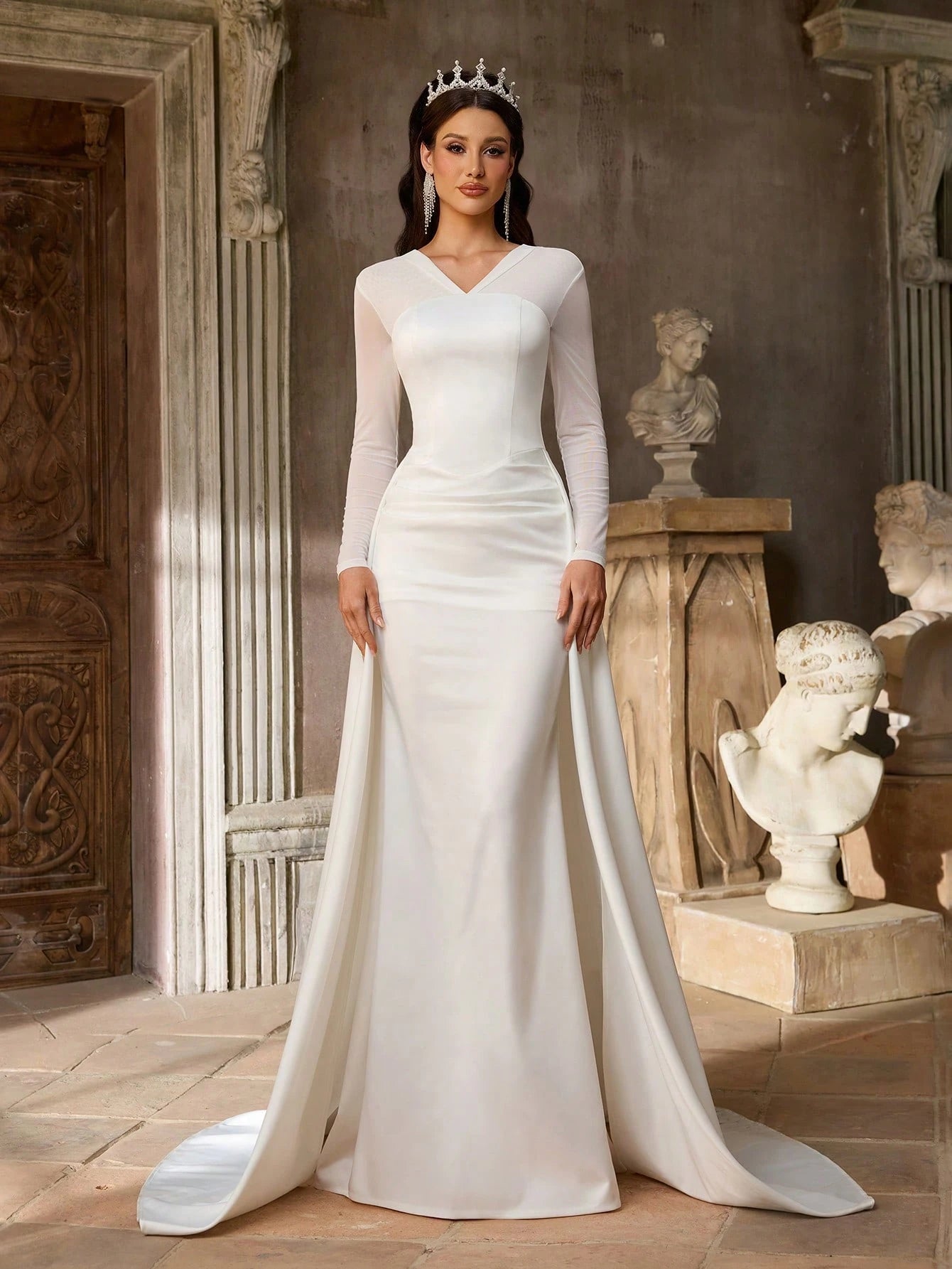 Aureia Elegant Minimalist Knit Elastic Satin Sheer Long Sleeve Ruched Waist Flared A-Line Dress, Suitable For
