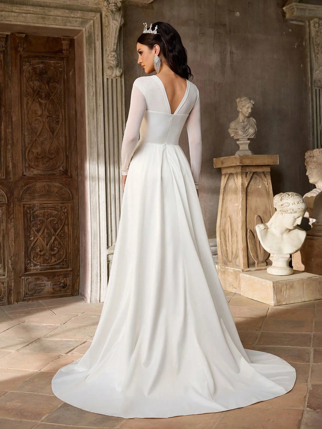 Aureia Elegant Minimalist Knit Elastic Satin Sheer Long Sleeve Ruched Waist Flared A-Line Dress, Suitable For - image 2