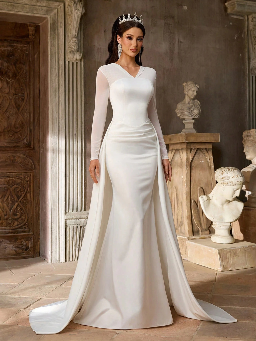 Aureia Elegant Minimalist Knit Elastic Satin Sheer Long Sleeve Ruched Waist Flared A-Line Dress, Suitable For - image 4