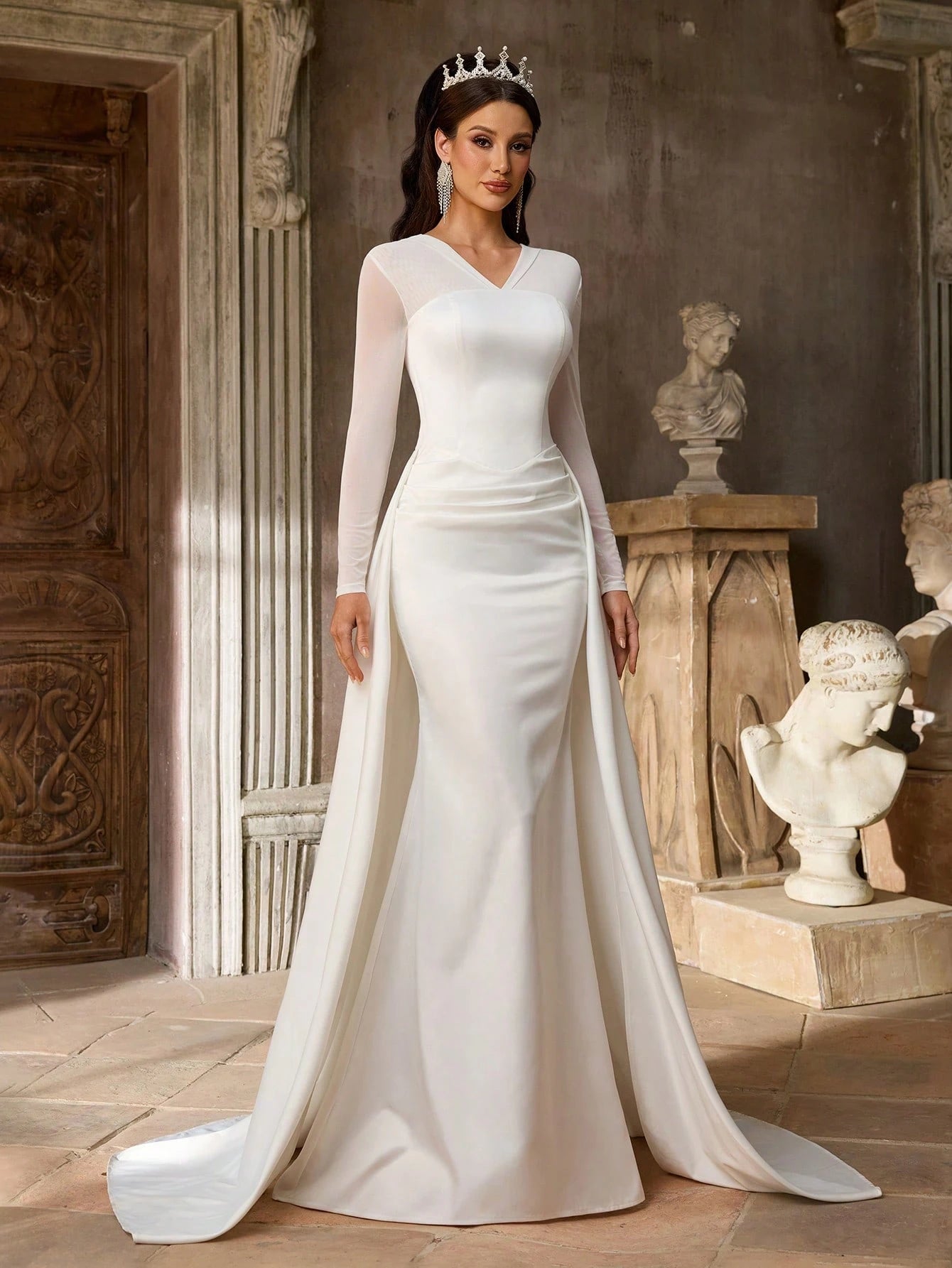 Aureia Elegant Minimalist Knit Elastic Satin Sheer Long Sleeve Ruched Waist Flared A-Line Dress, Suitable For - image 4