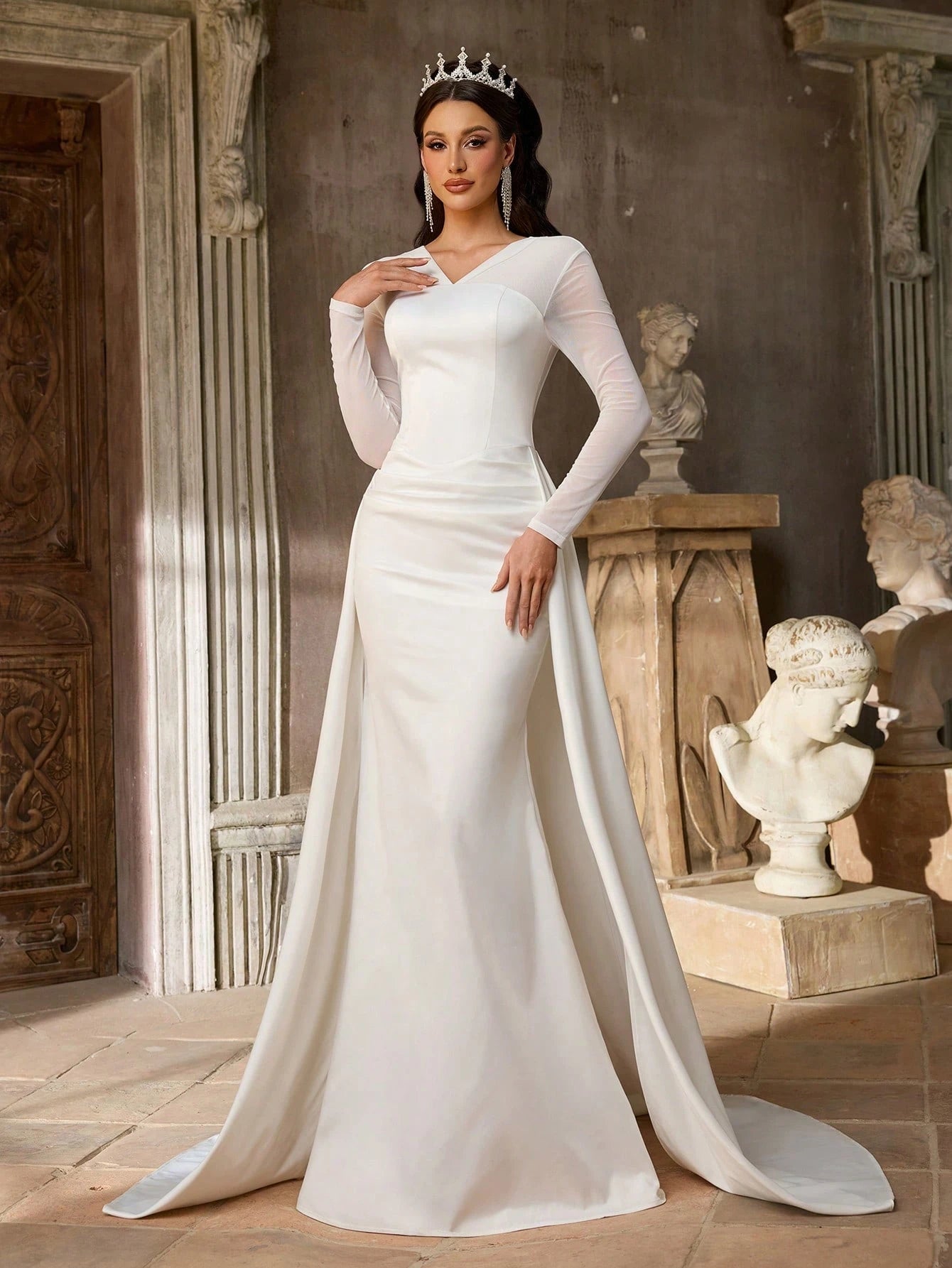 Aureia Elegant Minimalist Knit Elastic Satin Sheer Long Sleeve Ruched Waist Flared A-Line Dress, Suitable For - image 5