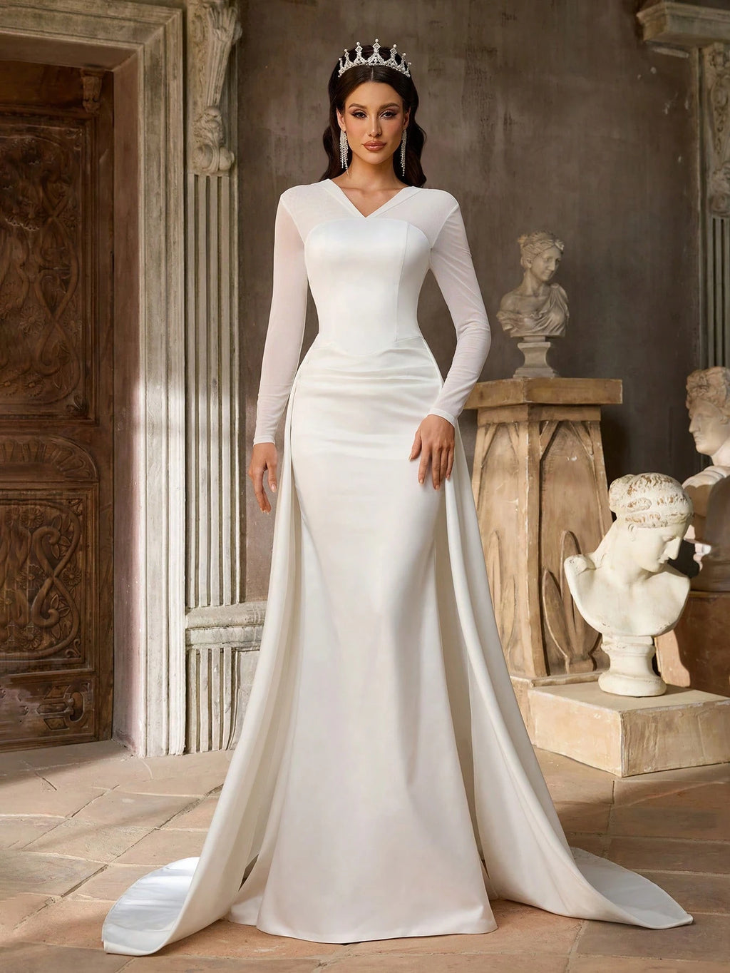 Aureia Elegant Minimalist Knit Elastic Satin Sheer Long Sleeve Ruched Waist Flared A-Line Dress, Suitable For - image 6