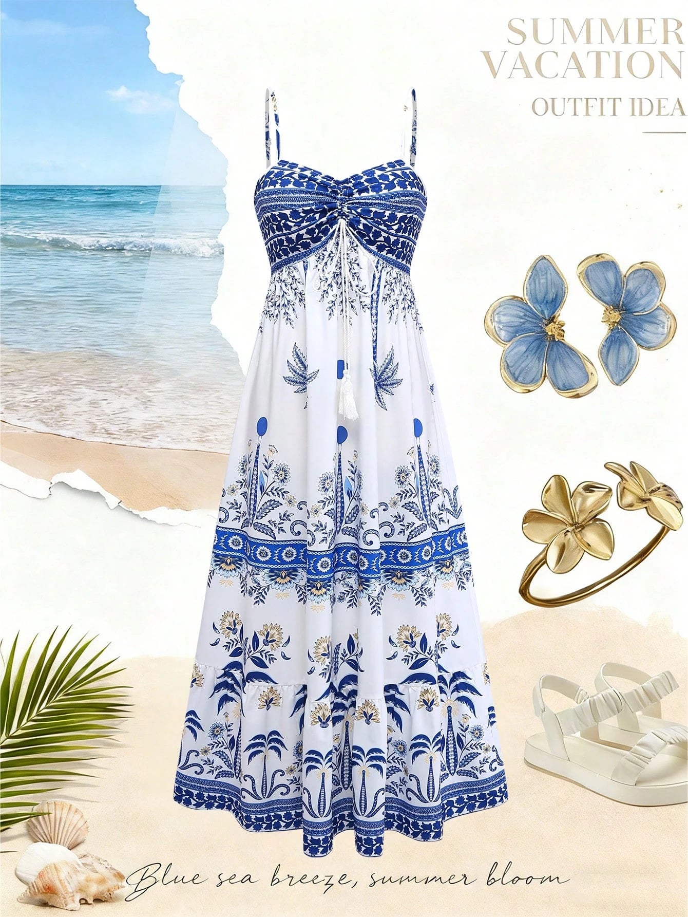 GlowEve Women's White And Blue Floral Summer Boho Beach Vacation