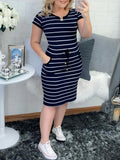 Women's Casual Striped Short Sleeve Shirt Dress With Drawstring Waist