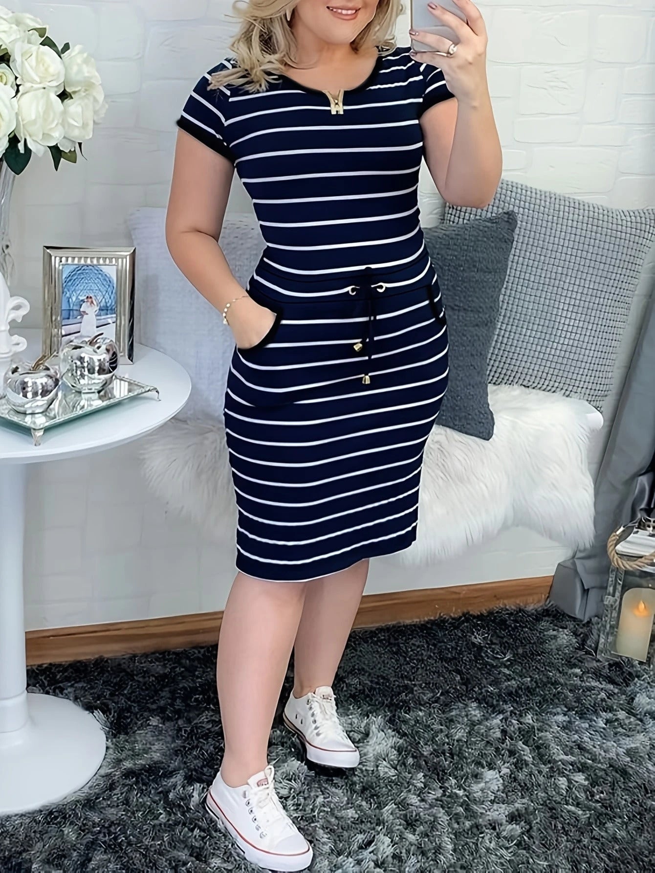Women's Casual Striped Short Sleeve Shirt Dress With Drawstring Waist