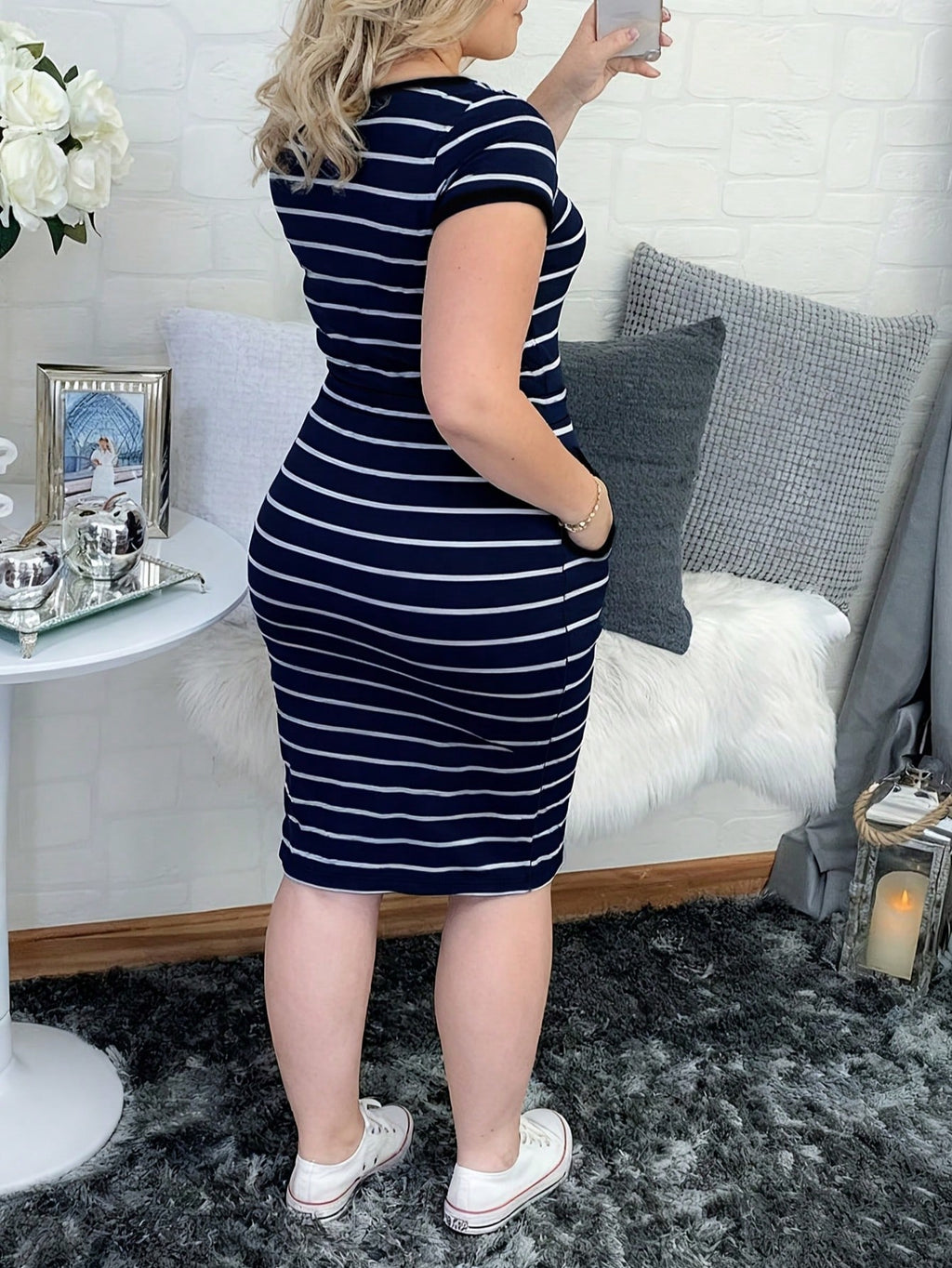 Women's Casual Striped Short Sleeve Shirt Dress With Drawstring Waist