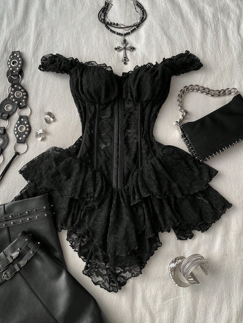 Attitoon Women's Casual Vintage Corset Lace Fitted Asymmetrical Hem Mini Dress, Suitable For Y2K