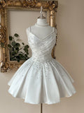 Lovelzi Elegant Fashion White Satin Mesh Patchwork Strapless Pearl Decor A-Line Formal Party Dress, Wedding