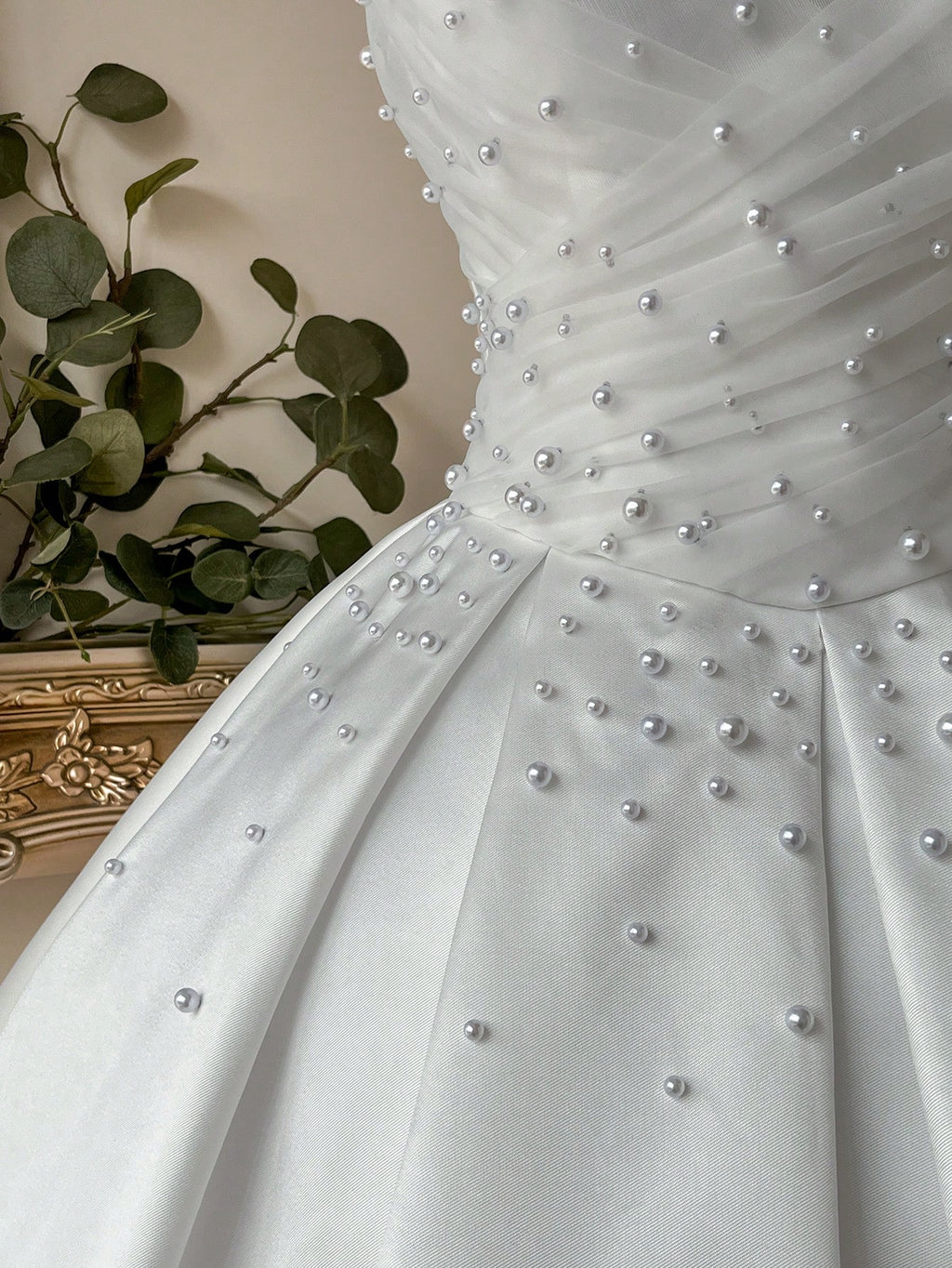 Lovelzi Elegant Fashion White Satin Mesh Patchwork Strapless Pearl Decor A-Line Formal Party Dress, Wedding - image 4