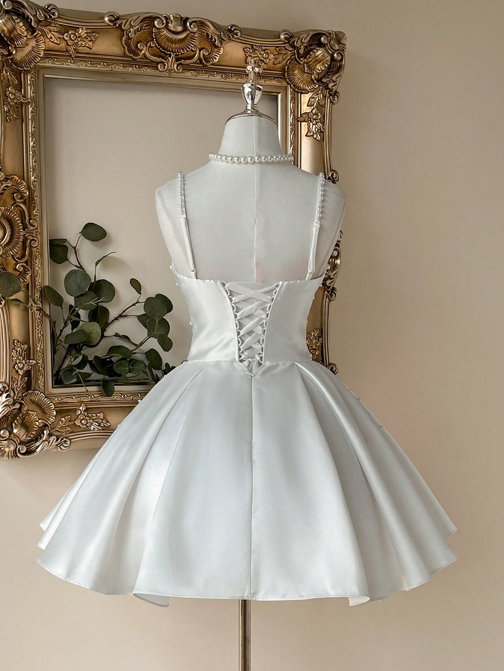 Lovelzi Elegant Fashion White Satin Mesh Patchwork Strapless Pearl Decor A-Line Formal Party Dress, Wedding - image 3