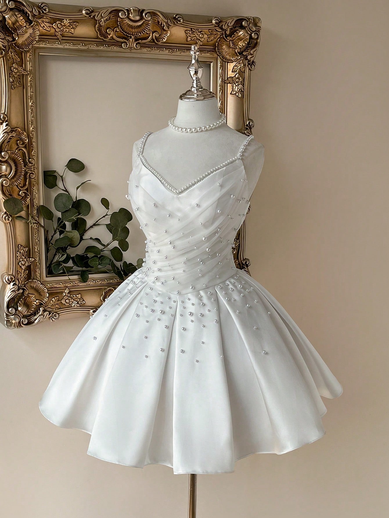 Lovelzi Elegant Fashion White Satin Mesh Patchwork Strapless Pearl Decor A-Line Formal Party Dress, Wedding - image 5