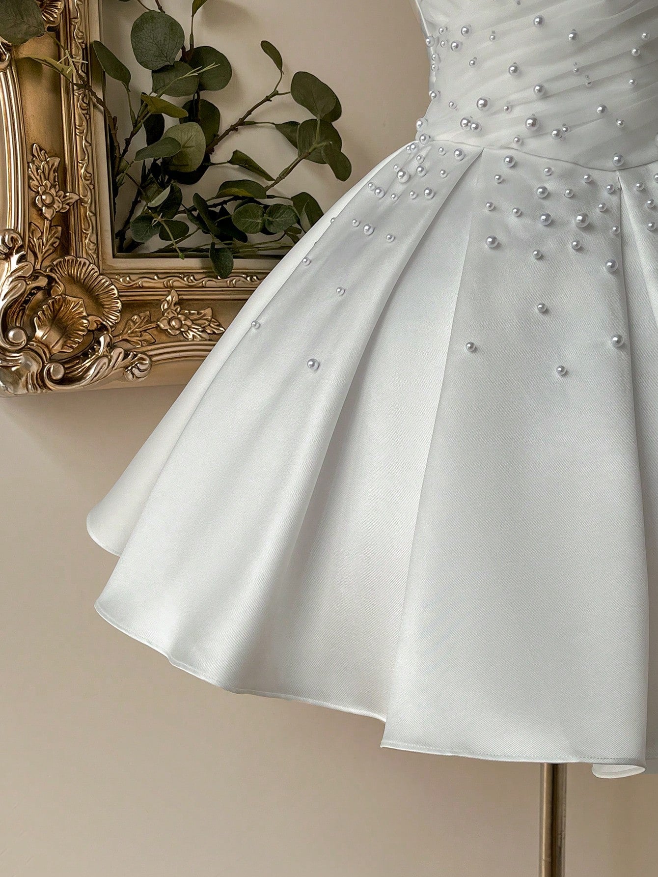 Lovelzi Elegant Fashion White Satin Mesh Patchwork Strapless Pearl Decor A-Line Formal Party Dress, Wedding - image 6