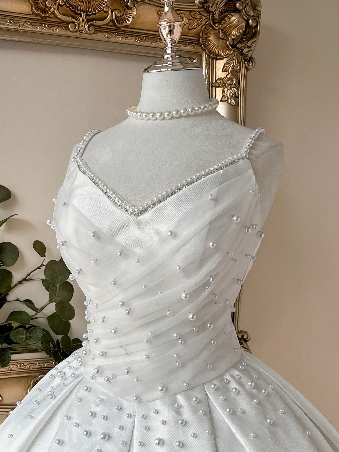 Lovelzi Elegant Fashion White Satin Mesh Patchwork Strapless Pearl Decor A-Line Formal Party Dress, Wedding - image 2
