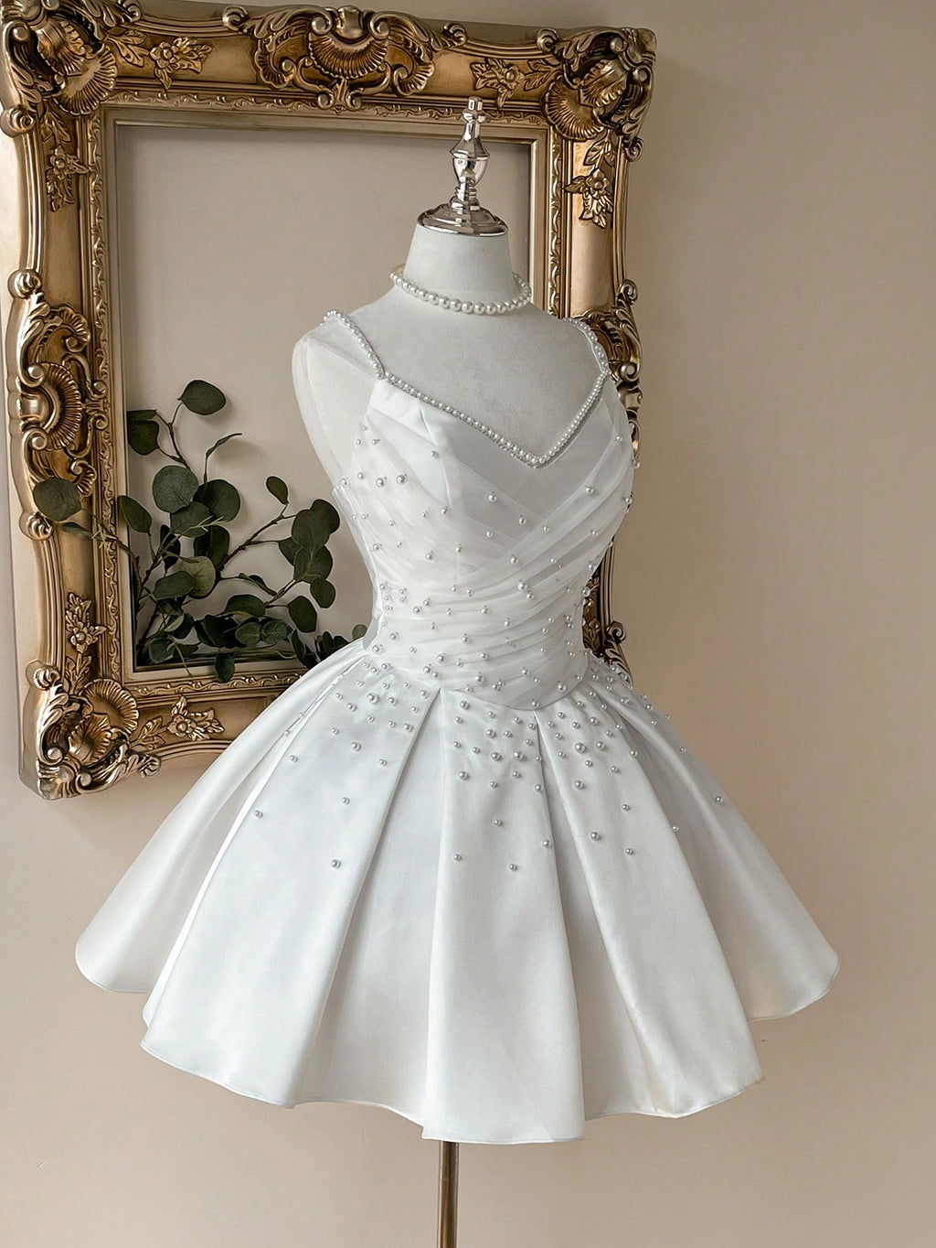 Lovelzi Elegant Fashion White Satin Mesh Patchwork Strapless Pearl Decor A-Line Formal Party Dress, Wedding - image 7