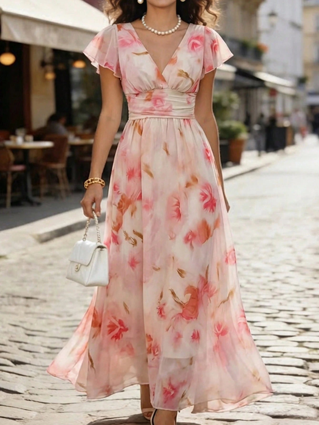 Balvessa V-Neck Elegant Ruffle Hem Floral Print Waist Cinched A-Line