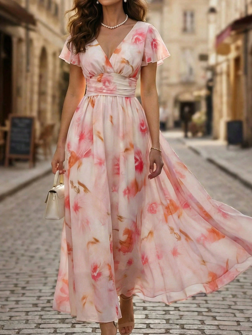 Balvessa V-Neck Elegant Ruffle Hem Floral Print Waist Cinched A-Line