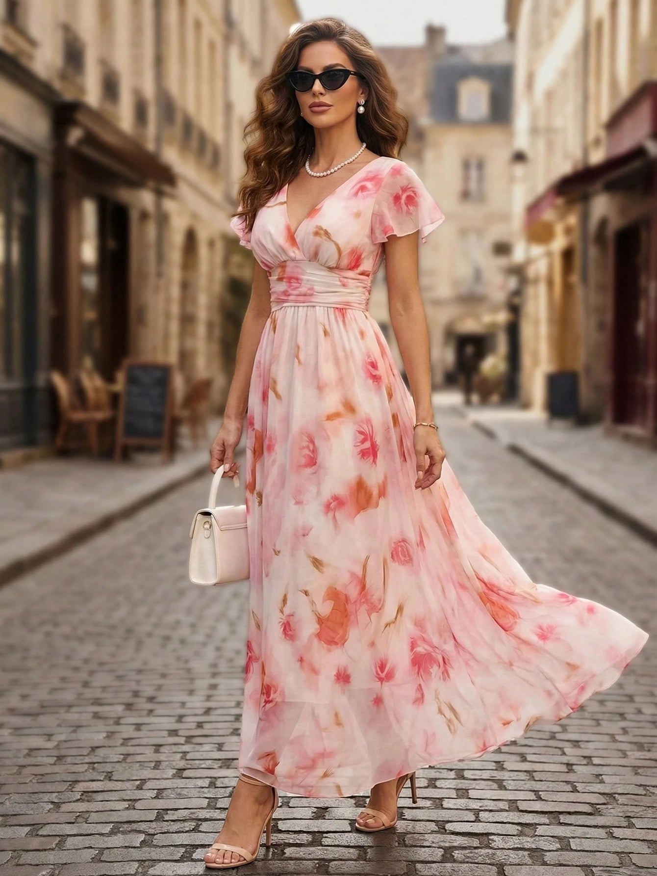 Balvessa V-Neck Elegant Ruffle Hem Floral Print Waist Cinched A-Line