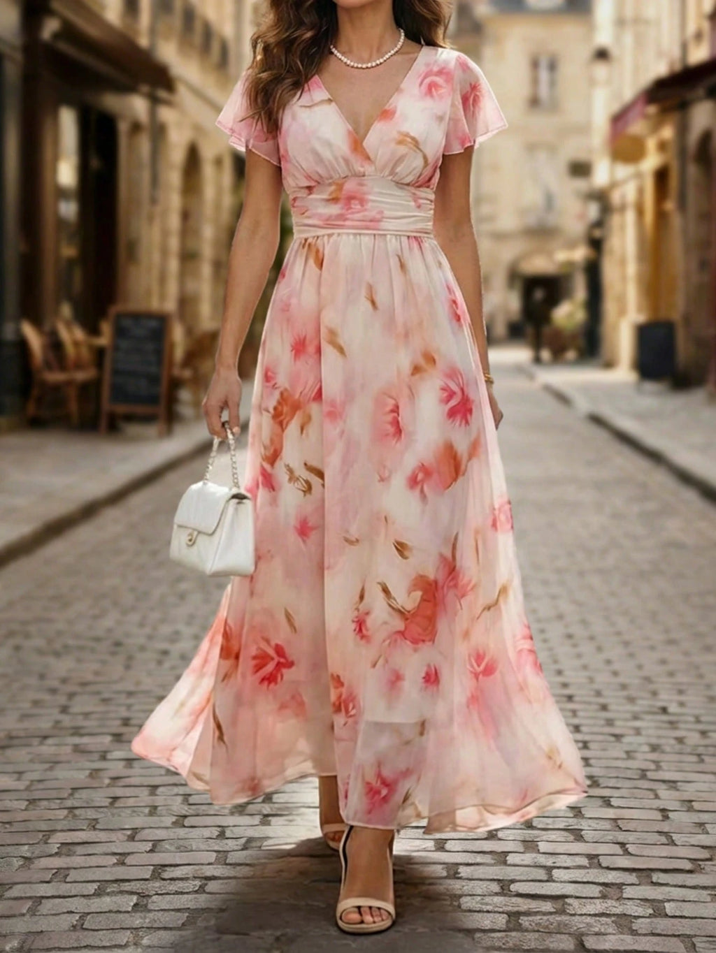 Balvessa V-Neck Elegant Ruffle Hem Floral Print Waist Cinched A-Line