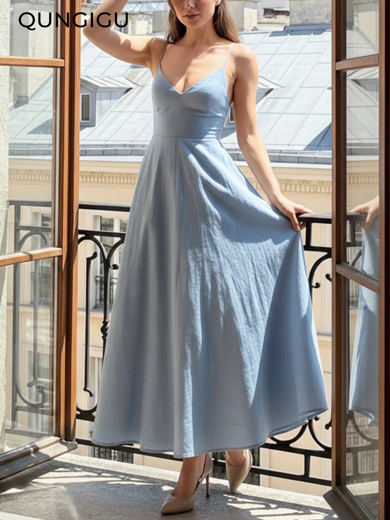 QUNGIGU Women's Elegant Spaghetti Strap Midi Dress V-Neck Linen