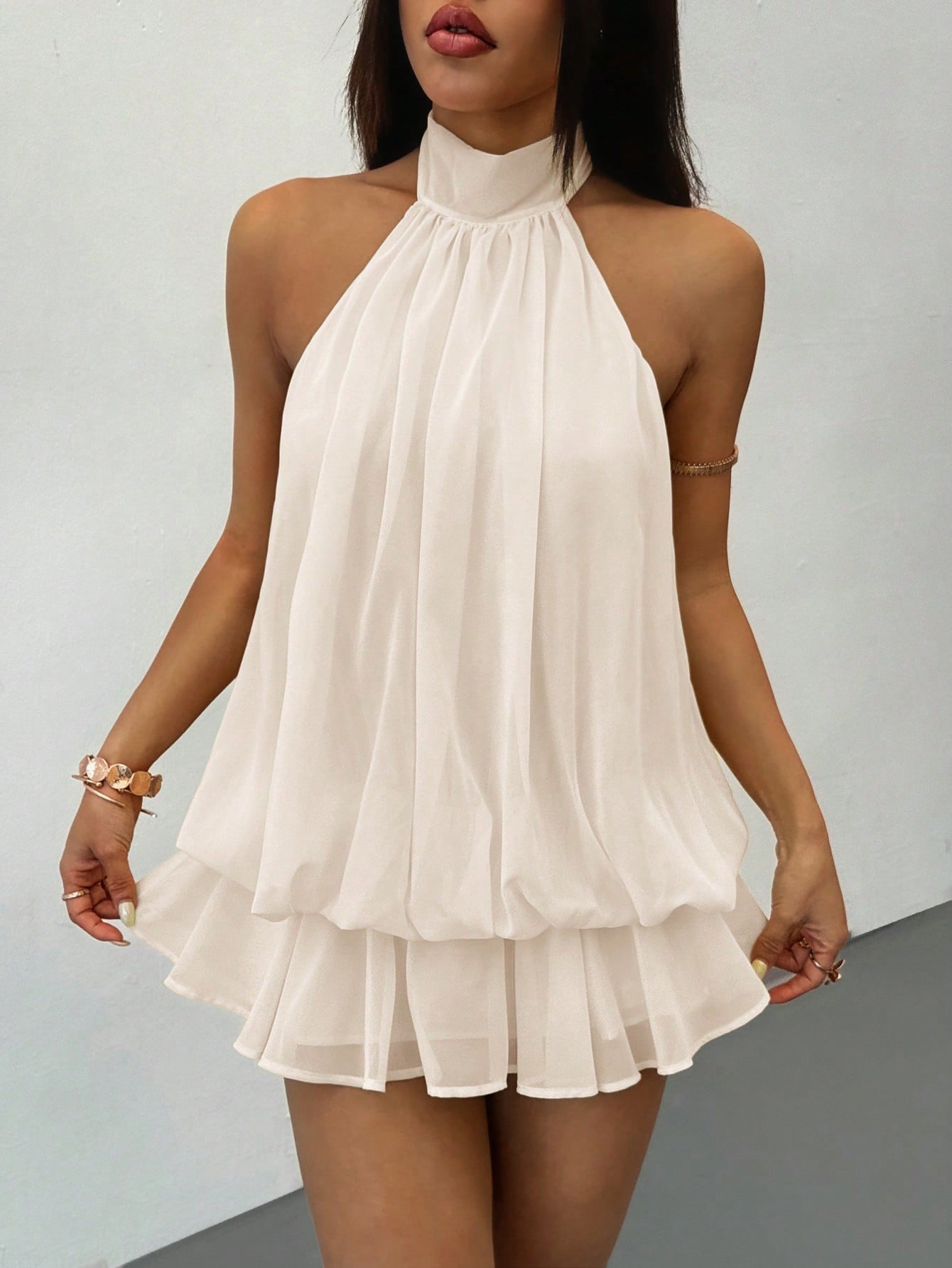PETITE Elegant Sleeveless Tie-Neck Mini Dress In Pale Yellow,